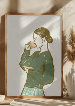 Woman Drinking Tea in Green Poster (21x29.7 cm (A4))