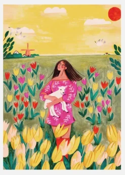 Woman In Spring Tulip Field Canvastavla (30x40 cm)