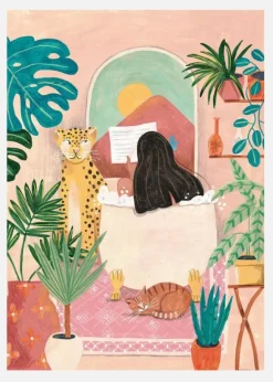 Woman Taking Bath In Pink Tropical Bathroom Canvastavla (30x40 cm)
