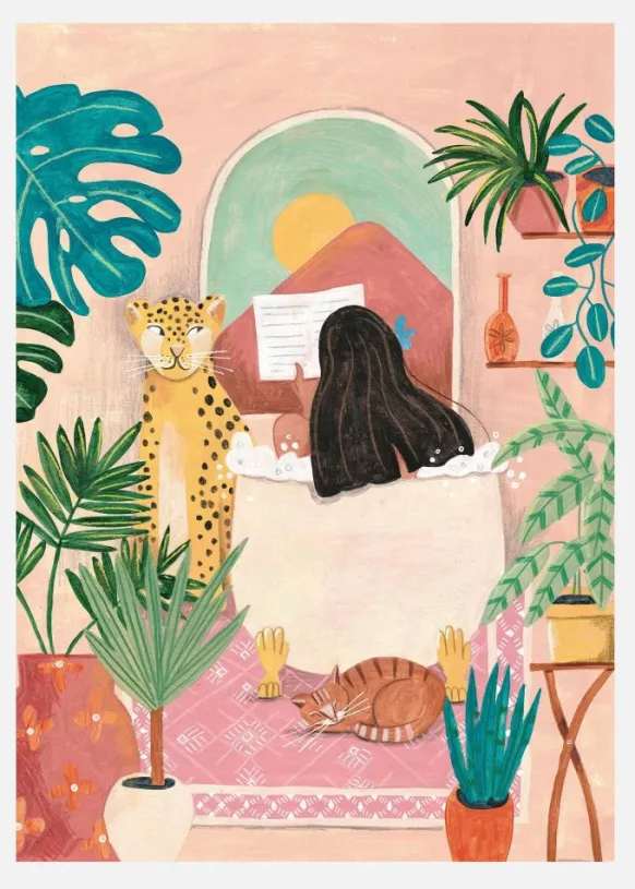 Woman Taking Bath In Pink Tropical Bathroom Canvastavla (30x40 cm)